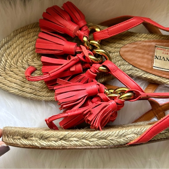 Lanvin Pink Leather Tassels Gold Chain Espadrille Sandals - Picture 6 of 10